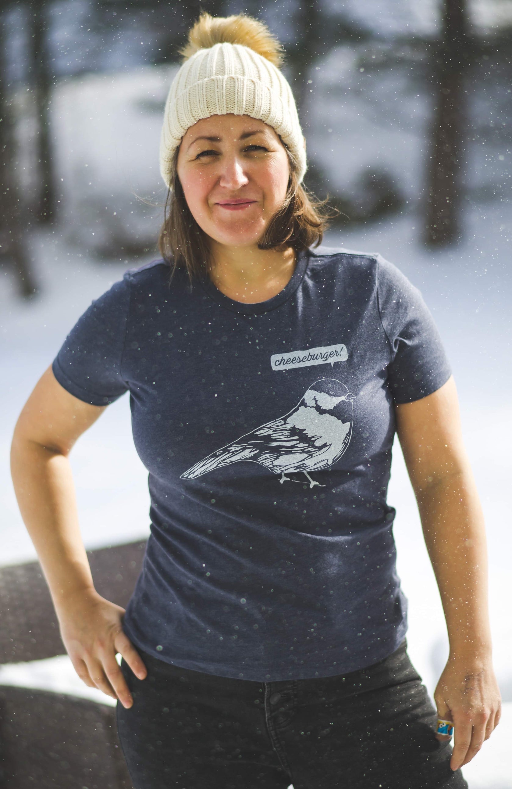 Cheeseburger Bird Hand Printed Women's Graphic TShirt Blackhare