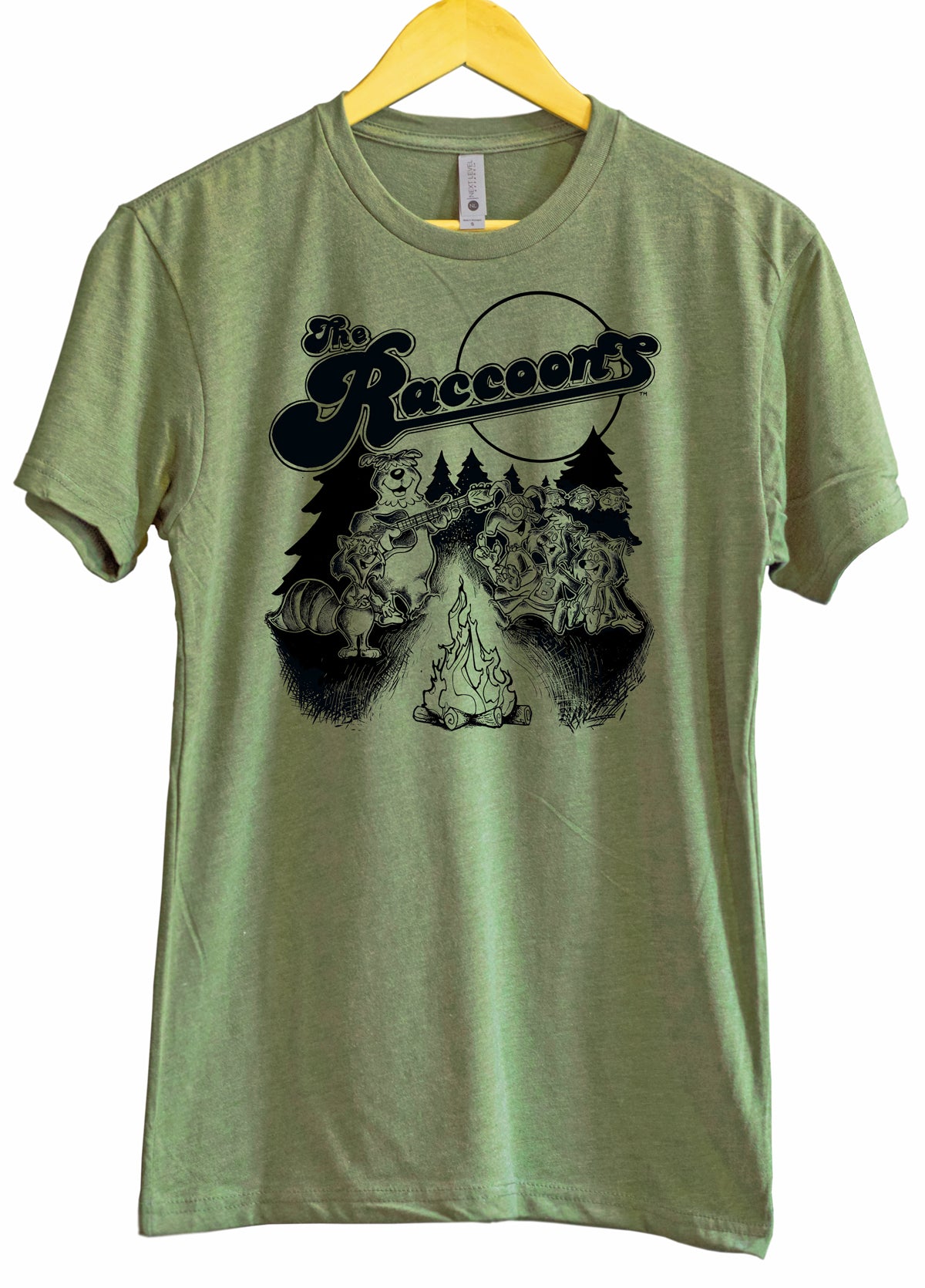 Green t-shirt with graphic design and text on a white background