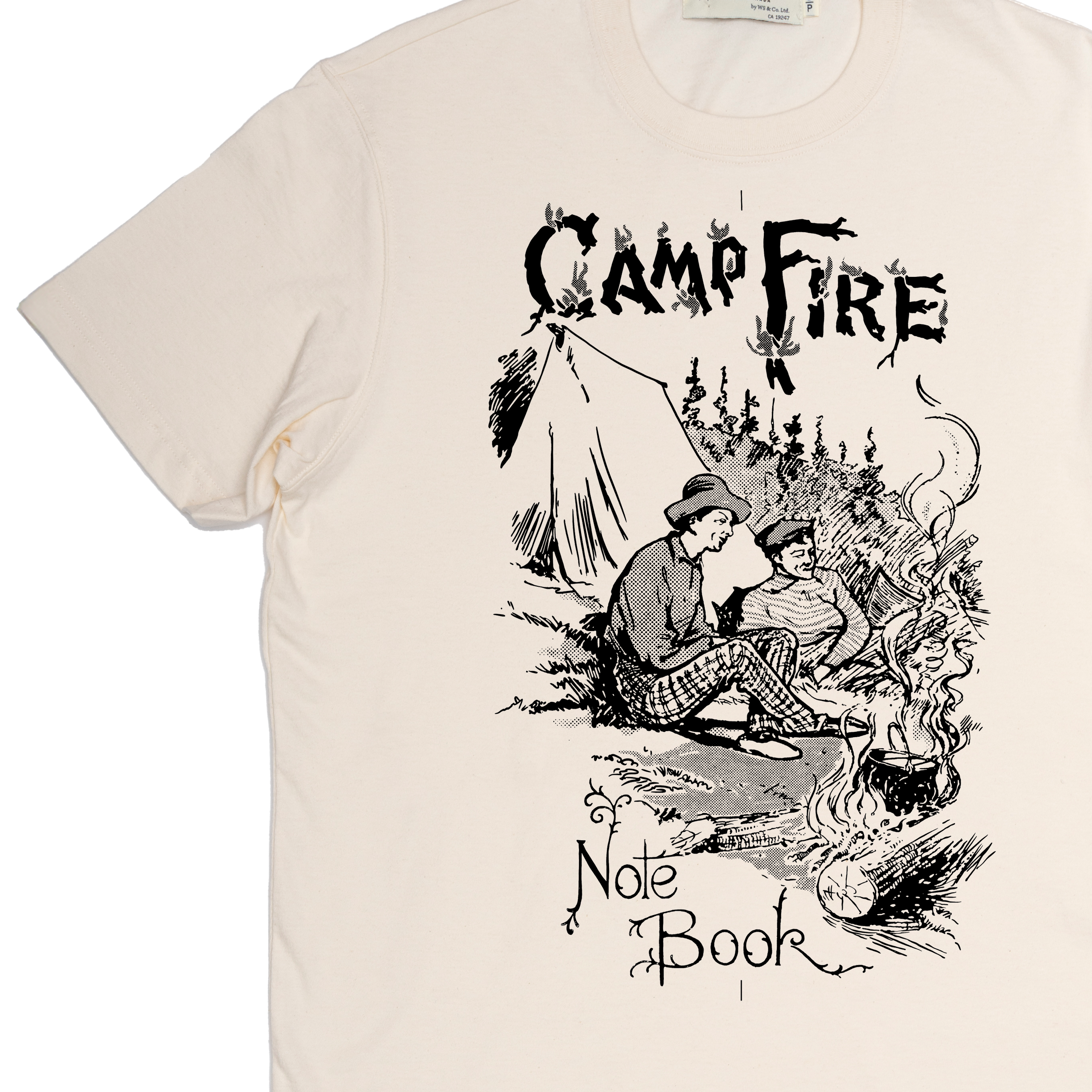 Beige t-shirt with black graphic design of two people by a campfire and text 'Camp Fire Note Book'.